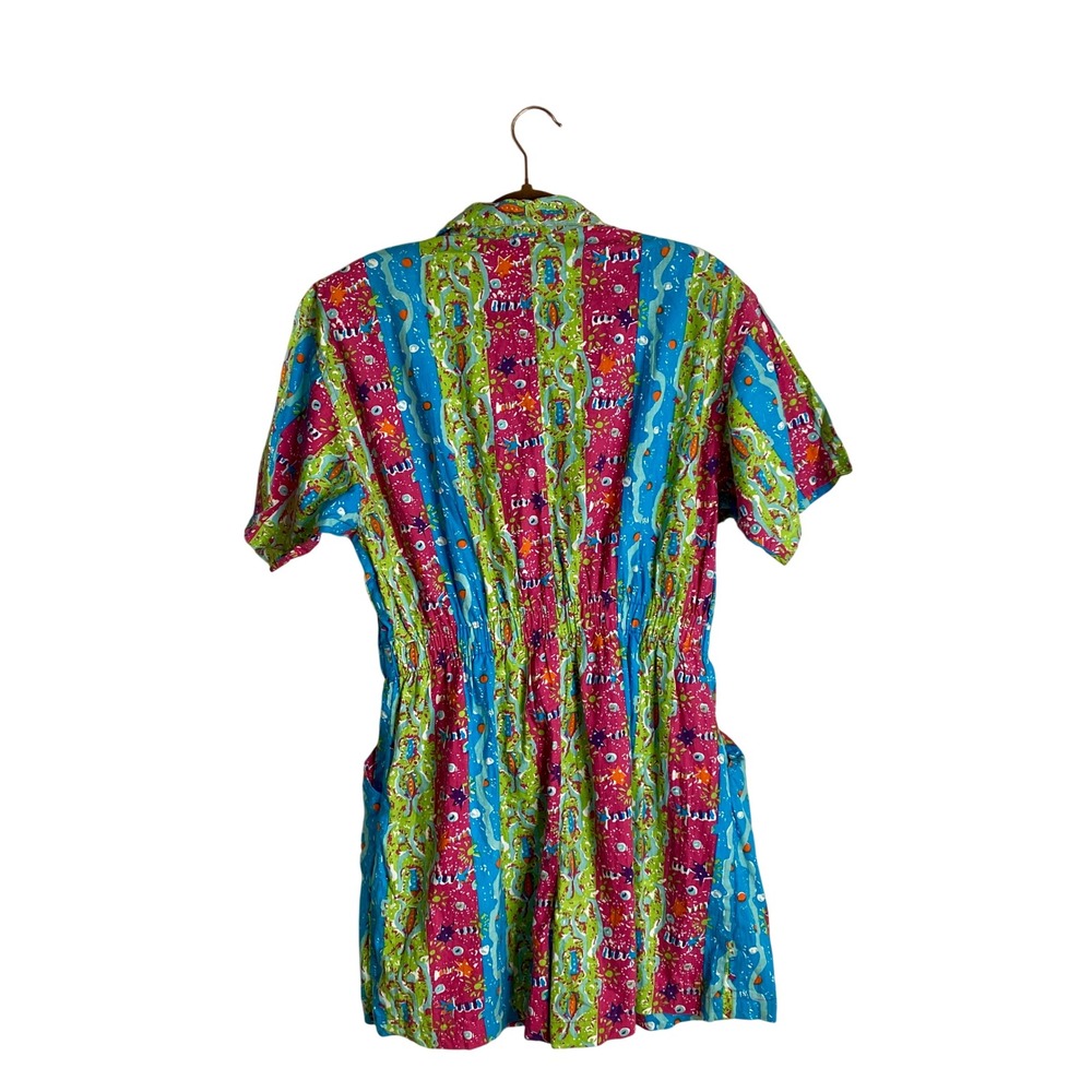 Vintage 80s Dreams Abstract Fish Romper XL Short Sleeve 90s Playsuit Jumpsuit - Picture 9 of 11